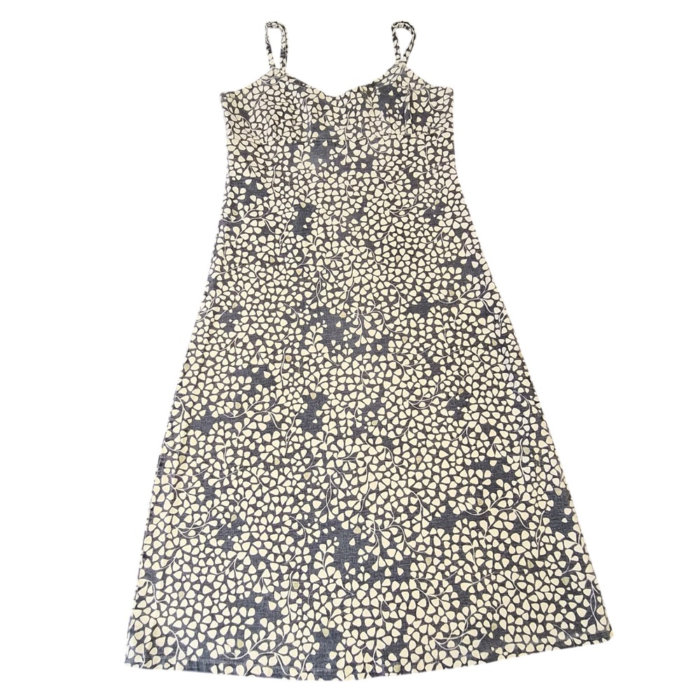 Blue Cream Leaf Print Midi Dress V-Neck Spaghetti Strap A-Line Sun Dress Vintage